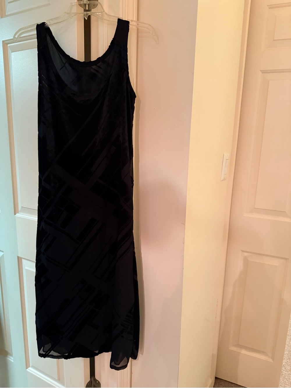 DKNY Black Sleeveless Midi Dress with Geometric Overlay